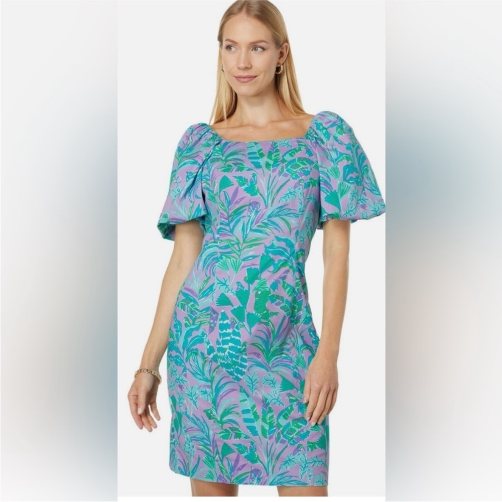 Lilly Pulitzer Purple Turquoise Floral Puff-Sleeve Dress - Picture 2 of 7